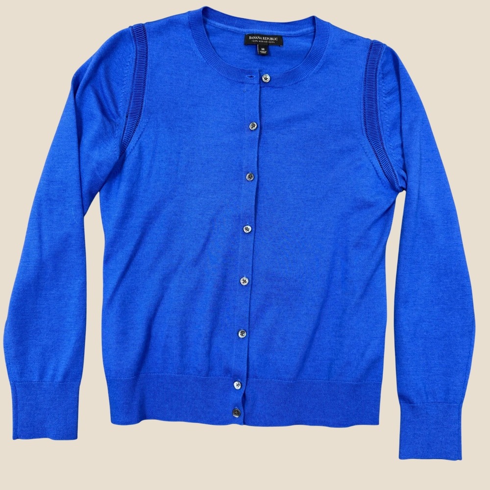 Banana Republic Cardigan Women M Royal Blue 100% Merino Wool Button Front Knit
